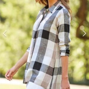 Soft Surroundings Linen Blend Ivory Charcoal Plaid Button Down Size Large